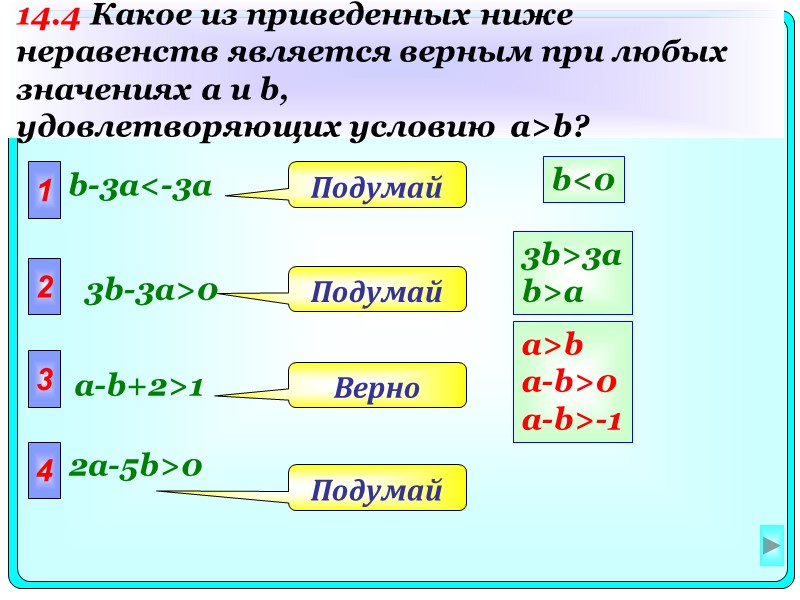 1 b-3a<-3a 2 3 4 Подумай Подумай Верно Подумай 3b-3a>0 a-b+2>1 2a-5b>0 14.4 Какое
